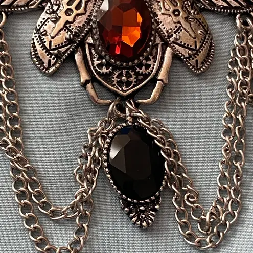 22” Necklace Silver Tone Beetle Pendant 4.5”W Stones Steampunk Goth Gothic