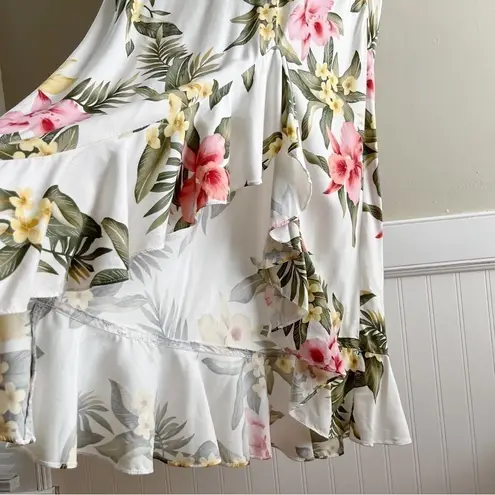 Vintage 80s Two Palms Tropical Floral Print Ruffle Hem Sleeveless Midi Dress, L White Size L
