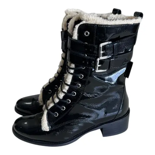 Kurt Geiger London Serena Block Heel Black Patent Combat Boots With Fur Trim 8.5