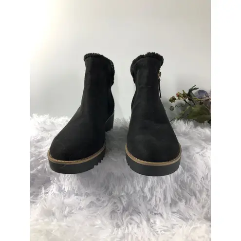 Bandolino Rhena2 Black Suede Wedge Bootie 8.5 Faux Fur Collar Zipper Closure