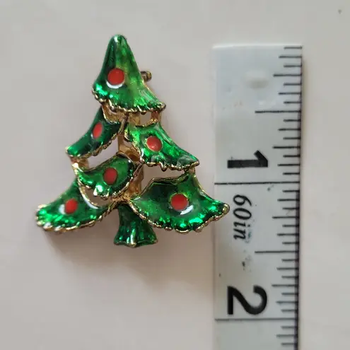 Vintage Christmas Tree Pin Brooch Green Red Enamel Holiday Costume Jewelry