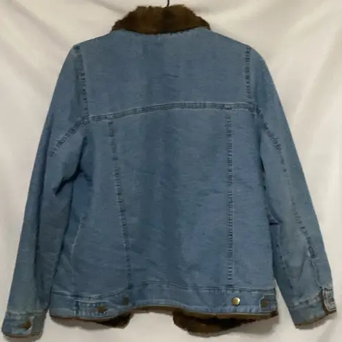 Denim&Co Blue Jacket Brown Faux Fur lining pockets Wo size smallclean condition