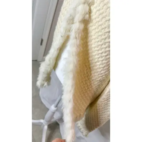Vintage Jones New York Signature Cream Knit Angora Cardigan White Fur Trim XL