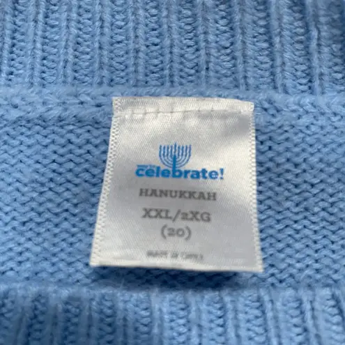 Celebrate Hanukkah Crewneck Pastel Blue Knit Pullover Sweater Menorah Star XXL