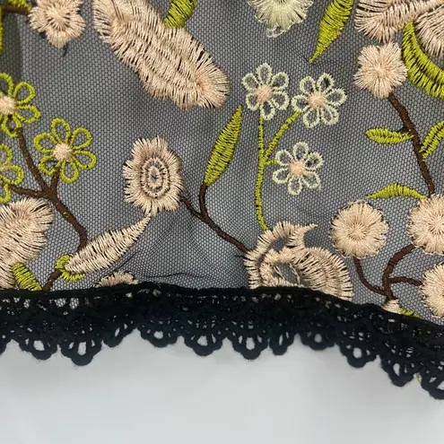 None Y2K Sheer Floral Embroidery Mesh Top M Black Coquette Whimsigoth Grunge Crochet