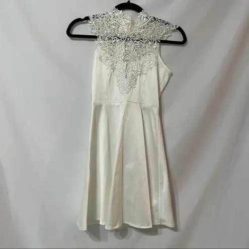 Solemio White Lace Open Back Skater Dress Womens XS Mini Sleeveless Bridal