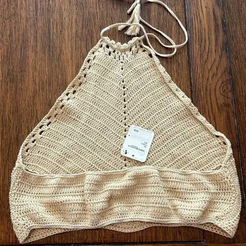 Free People  Intimately Tan Crochet knit Halter Cropped Top Medium NWT Cotton