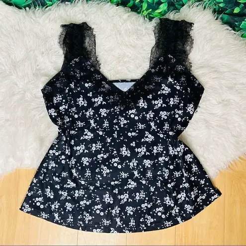 Cute floral black and white lace flirty tank top blouse XL Black