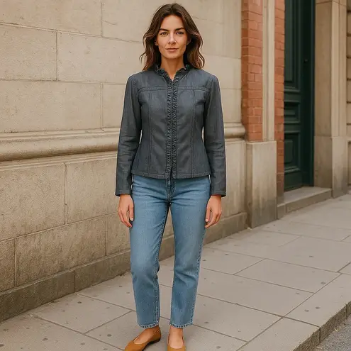 Sandro Studio Ruffle Trim Zip Front Jacket Blue Long Sleeve Plus Sz 1X Workwear