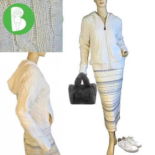 Green Tea "IVORY" CREAM CABLE KNIT FAUX FUR LINED HOODED CARDIGAN JACKET NWT (L)