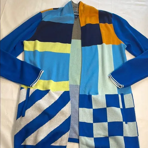Lands End Multicolor Color Block Open Cardigan Blue Orange White Pockets Artsy S