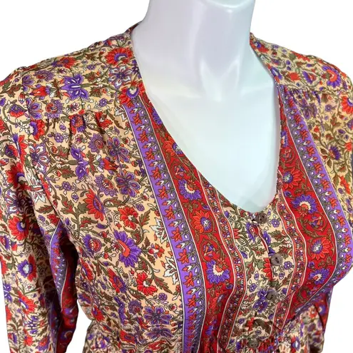 Revolve Boemo Womens Peasant Dress Boho Smocked High Low Button Down Large Red