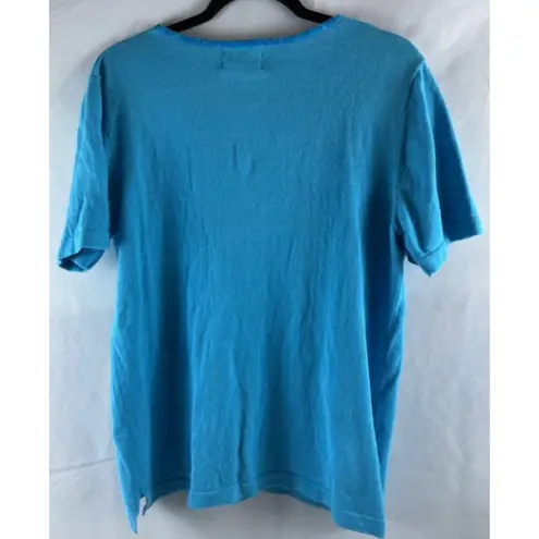 The Quacker Factory Medium Blue Tulip Embroidered Knit Top Short Sleeve Size Med
