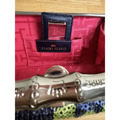 Elaine Turner Green Navy Embellished Clutch Mini Bag With Mirror