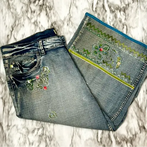 Crest Wide Leg Embellished Cropped Women’s Sz 19/20 Boho Artsy Whimsical Denim Blue