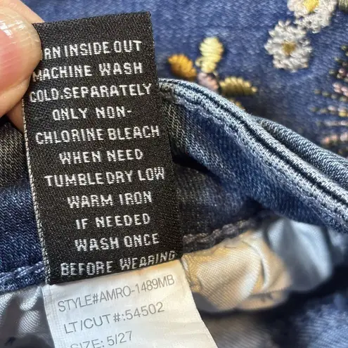 Ashley Mason Premium Embroidered Jeans 5/27 Blue Bell Bottom Flower Frayed Hem