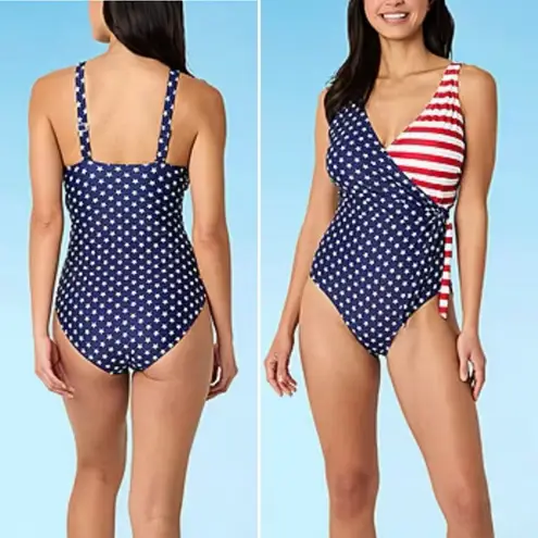 NWT Outdoor Oasis Size 1X One Piece Swimsuit Stars & Stripes USA Flag July 4th Blue