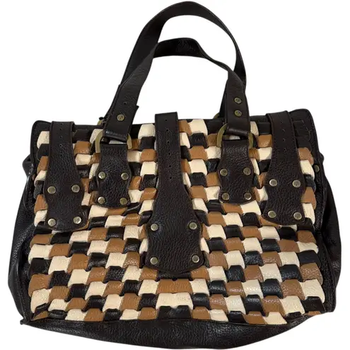 Mulberry Roxanne Bag Tricolor Woven Leather Satchel Brown Black Cream Rare VTG