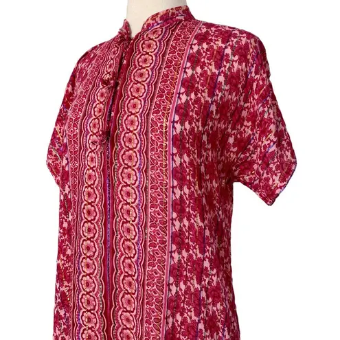 Vintage Metallic Sheer Chiffon Pink Floral Boho Button Up Maxi Kaftan Dress OS Size undefined