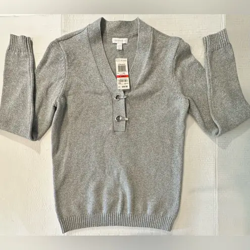 Charter Club Women's Metallic Cotton Henley Gray Silver Sweater Sparkly XS New
