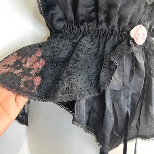 Lily Of France Vintage 80s Black Satin Lace Bodysuit Rosette Detail