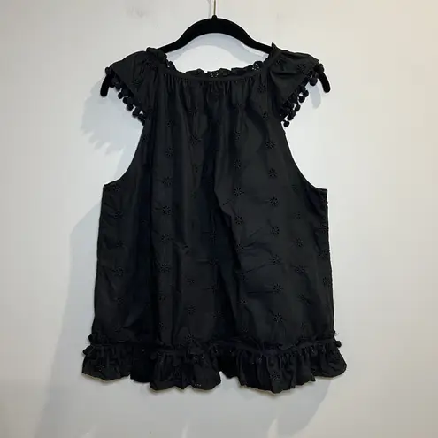 J.Crew  Black Poplin Eyelet Pom Pom Top With Ruffles Size Large Casual Preppy thumbnail 2