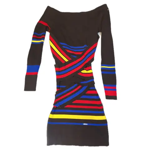Diesel Black Multi Color Stripe Off Shoulder Long Sleeve Bodycon Dress size m/l