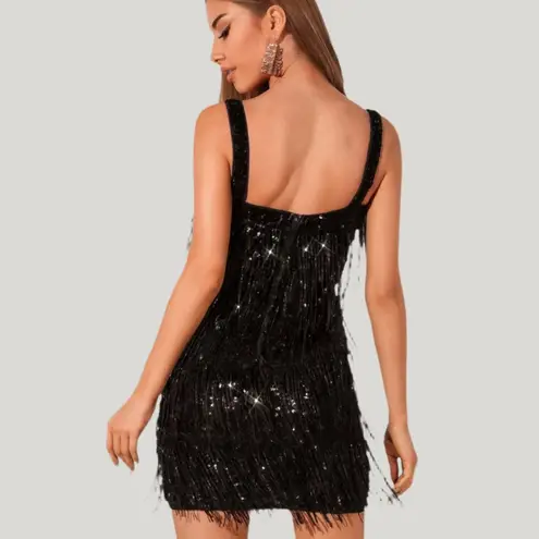 NWT RED DOT BOUTIQUE Black Sequin Fringe Tassel Mini Dress
