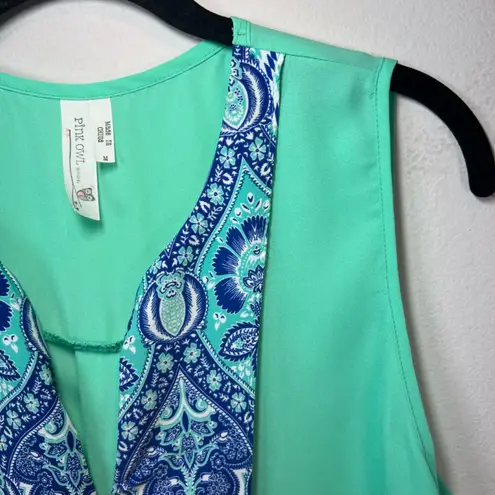 Pink Owl Women's Sleeveless Blouse Shirt Aqua Blue Split Neck Lightweight Medium