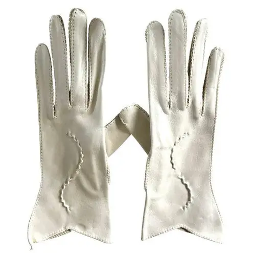 Vintage Ivory Cream Leather Gloves Sz 6.5 Rope Detail on Top, Original Sleeve