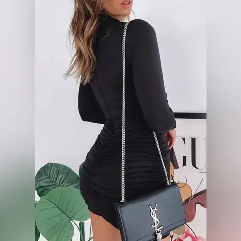 New! Black High Neck Long Sleeve Sheer Ruched Bodycon Mini Party Dress XXS