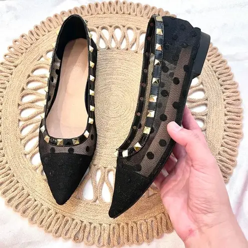 SheIn Black Polka Dot Mesh Studded Flat Size 8.5