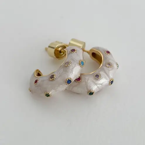 Gold Hoop Earrings With White Enamel Finish And Cubic Zirconia