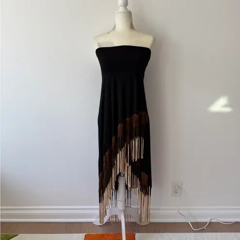 Elegant Unique Black and Brown High Low Ombre Fringe Jersey Fabric Skirt Sz XL