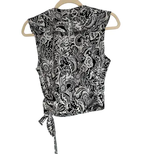 Unique Vintage Black White Paisley Wrap Tie Front Sleeveless Blouse Top M