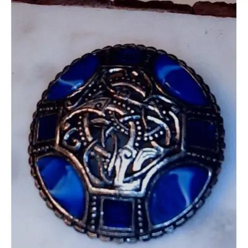 Vintage Miracle Celtic Blue Agate Pin Brooch Blue Round