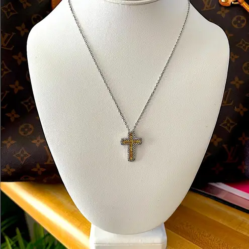 Boutique NEW White Gold Filled Synthetic Diamond Citrine Cross Pendant Necklace, 16-18”
