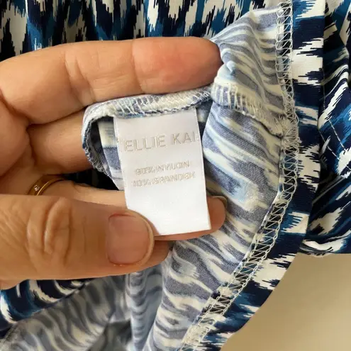 Ellie Kai Sz M Split V Neck Elbow Sleeves Pullover Stretch Blue White Blouse Top Size M