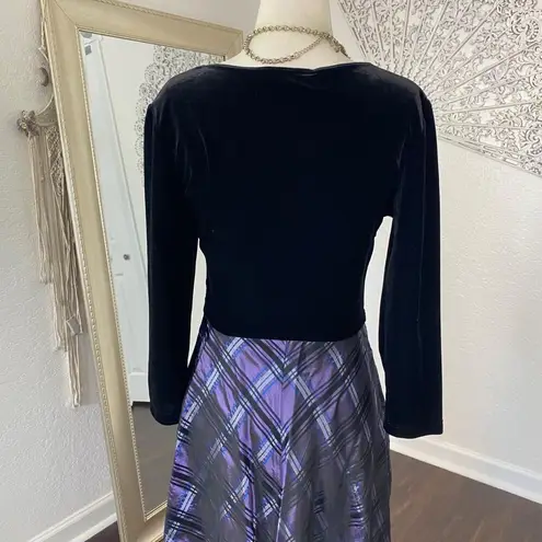 Coldwater Creek Witchy Whimsigoth Black Velvet Purple Gingham Midi Maxi Vintage Dress 6 / S