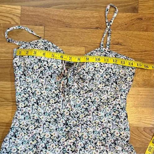 AUW Womens Large Black Yellow Floral Retro Tie Front Smocked Midi Dress Spring