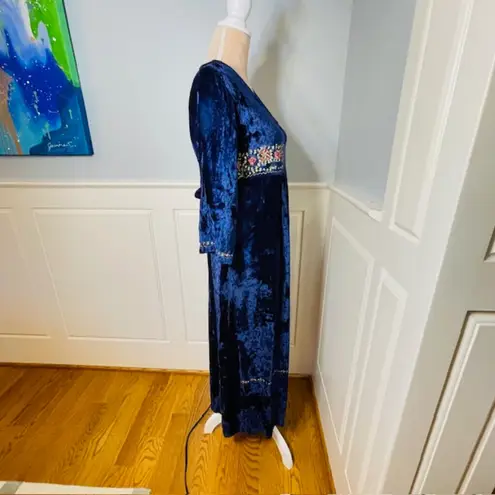 April Cornell Victorian Crushed Velvet Cottagecore Embroidered Midi Dress XS Blue