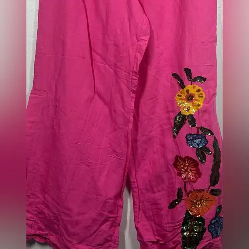 Boston Proper Floral Embellished Linen Pant Pink Multi Colored Sequins Size 12