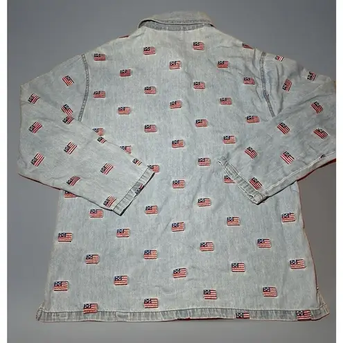 Vintage Denim Shirt Womens XL 90s American Flag Shirt Denim Button Up Patriotic Blue