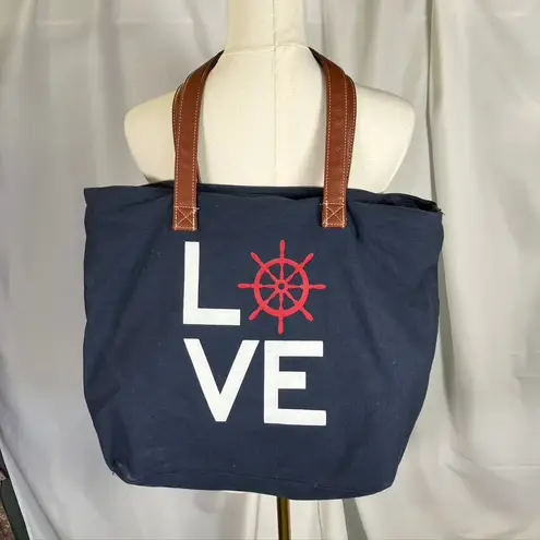 GH Bass & Co Nautical Tote Bag Love Boat Wheel Canvas Shopper Purse Blue