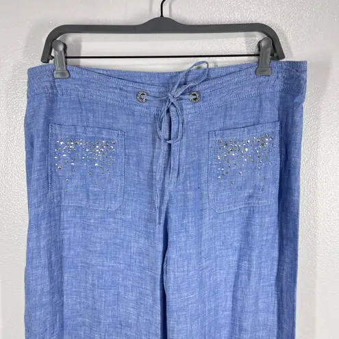 INC International Concepts Linen Pants Embellished Drawstring Blue Size 12