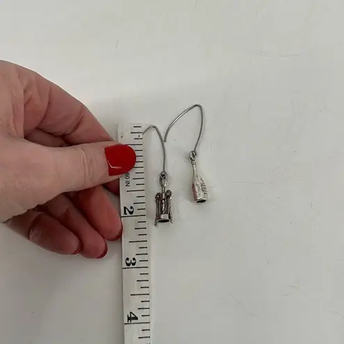 Wine & Cork Remover Novelty Dangle Earrings Silvertone Bachelorette Party Silver