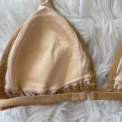 Vintage Tan Faux Suede Halter Triangle High Cut Bikini Swimsuit Boho Western Size M