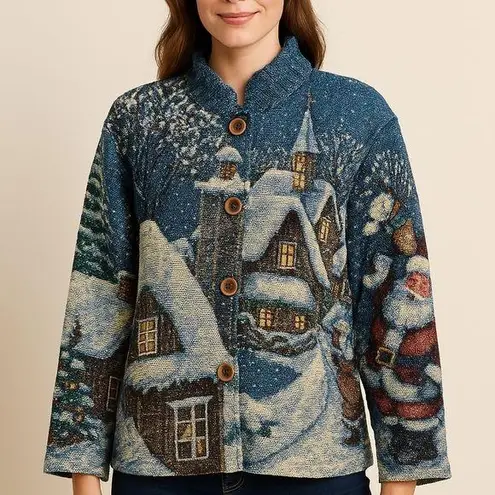 Vintage Sugar Street Weavers 90s Holiday Motif Woven Tapestry Jacket Size Large Blue