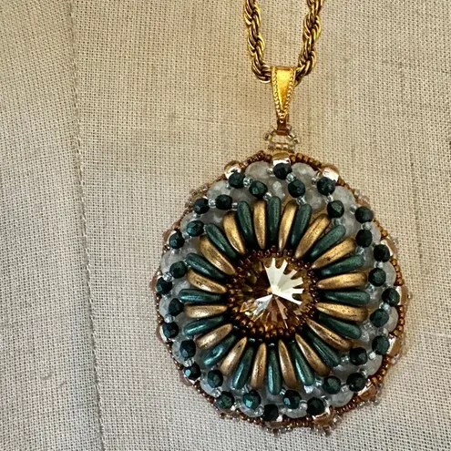 Vintage Reversible Beaded Mandala Pendant Necklace Gold Tone Rope Chain