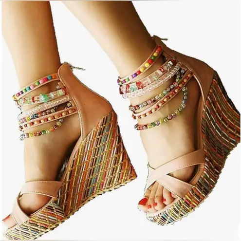 Get More Beauty Beaded Wedge Sandals Size Tan Size 8